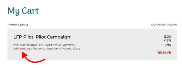 photo of My Cart with arrow pointing to where you may edit the optional gift to pantry gift percentage
